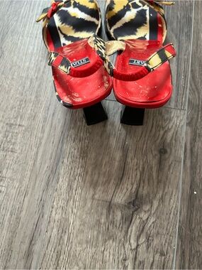 Stuart Weitzman Red and Animal-Print Block Heel Sandals